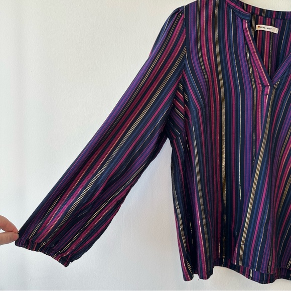 Marine Layer Jamie Banded Collar Lurex Multicolor Striped Blouse - Picture 2 of 8